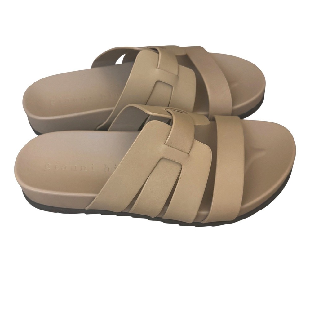 Gianni Bini Slide Sandals Womens 7.5 Tan‎ Leather H-Strap Flat Shoes Minimalist